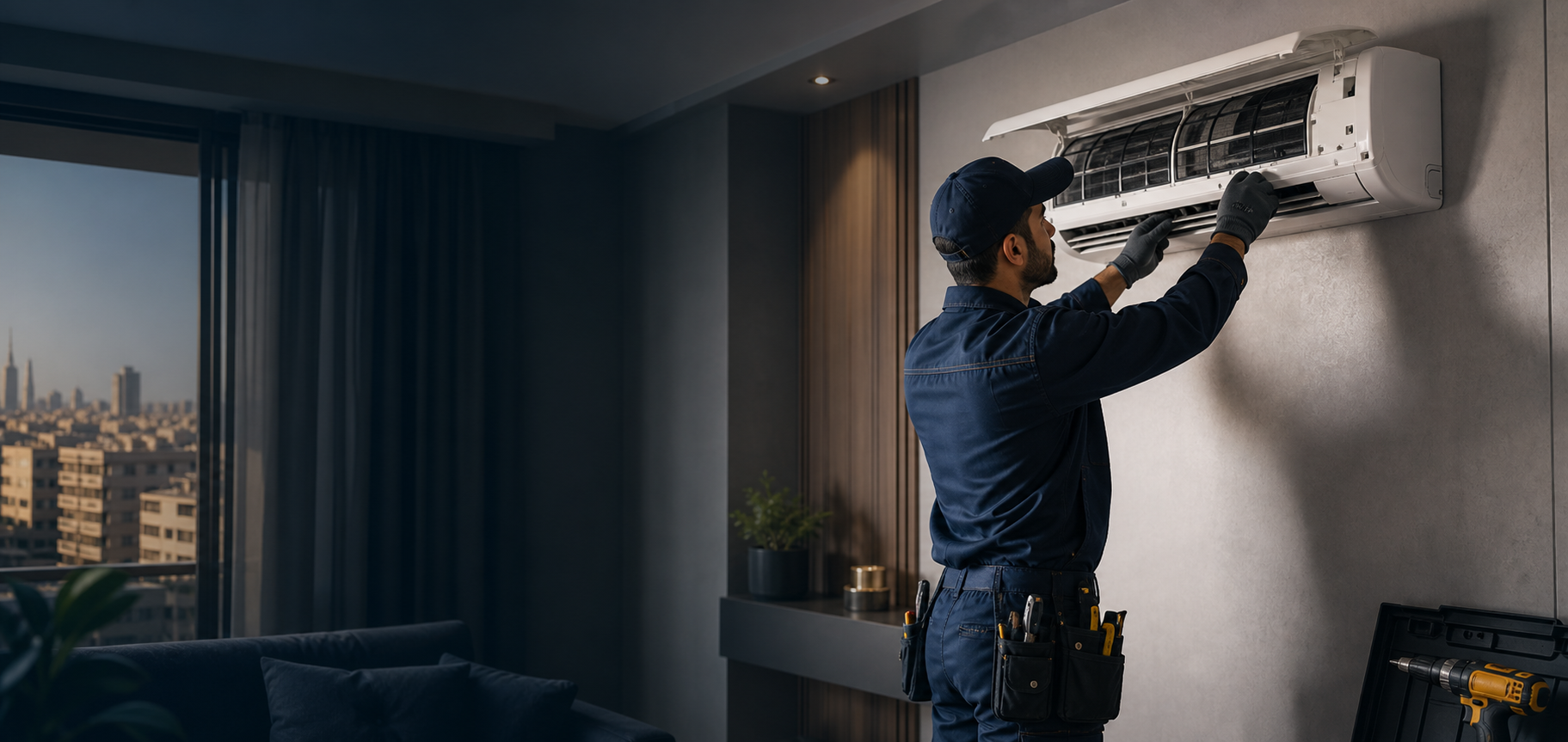 Technician servicing an indoor wall-mounted AC unit in Cairo